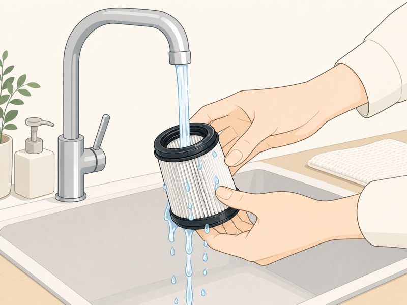 フィルターを水で押し洗いするイラスト
