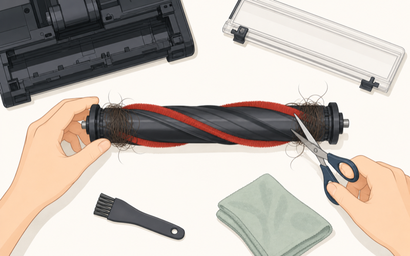 ハサミで回転ブラシの軸に絡んだ毛を切るイラスト